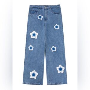 Arkyve Blue Star Crochet Patch Denim Jeans